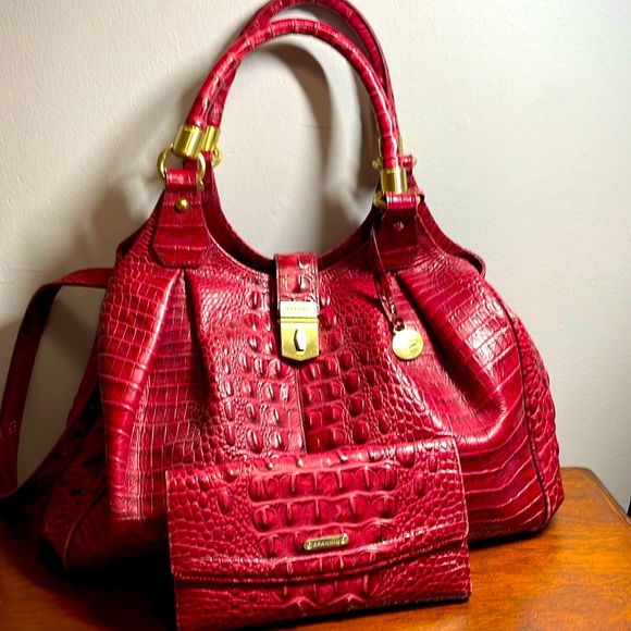 Brahmin Elisa Lg Hobo Crimson Croc-Embossed Shoulder Bag with matching wallet. - Picture 1 of 16